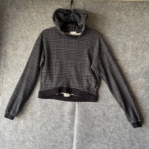 John Elliott Hoodie Black White Plaid Houndstooth Cropped Sweatshirt - Picture 2 of 12
